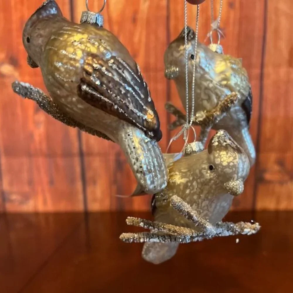 Set Of 3 Glass Bird on brach Christmas Ornaments With Glitter‎ Accents Hanging